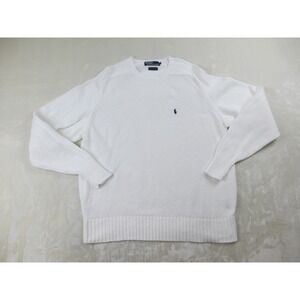 VINTAGE Ralph Lauren Sweater Mens Large White Knit Pullover Cotton Pony*